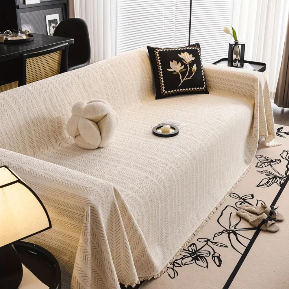 Herringbone Chenille Tassel Sofa Cover | Elegant Durable Protection