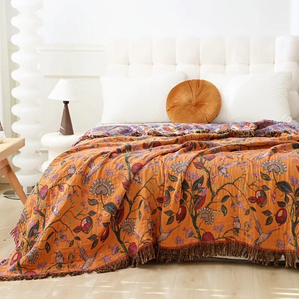 Botanic Floral Cotton Tassel Blanket | Elegant All-Season Comfort