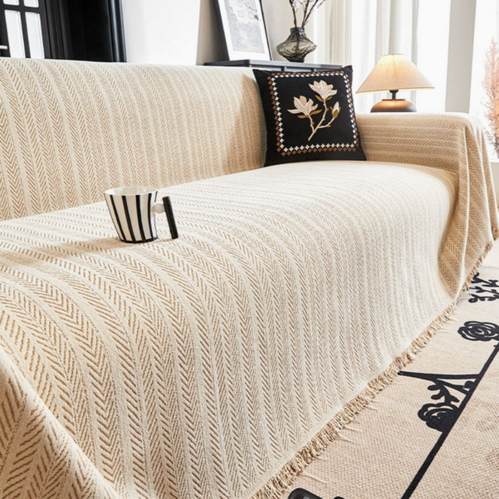 Herringbone Chenille Tassel Sofa Cover | Elegant Durable Protection