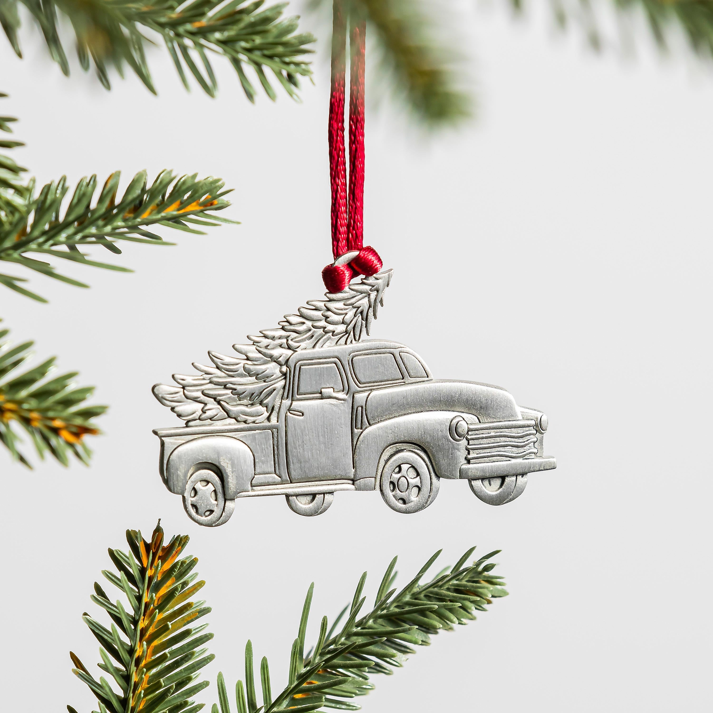 Solid Pewter Truck with Tree Ornament | Vintage Christmas Decor