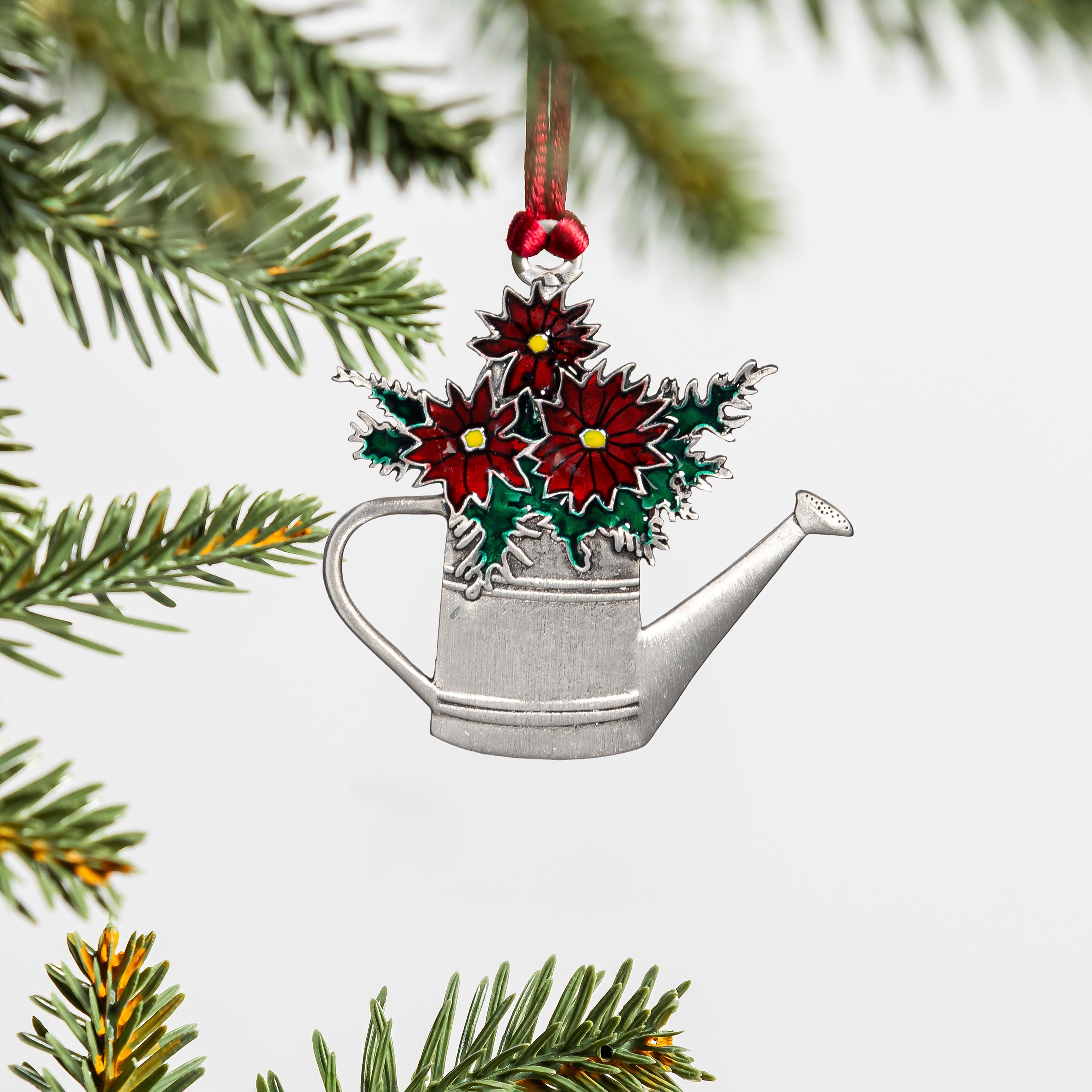 Solid Pewter Watering Can Ornament | Poinsettia Design