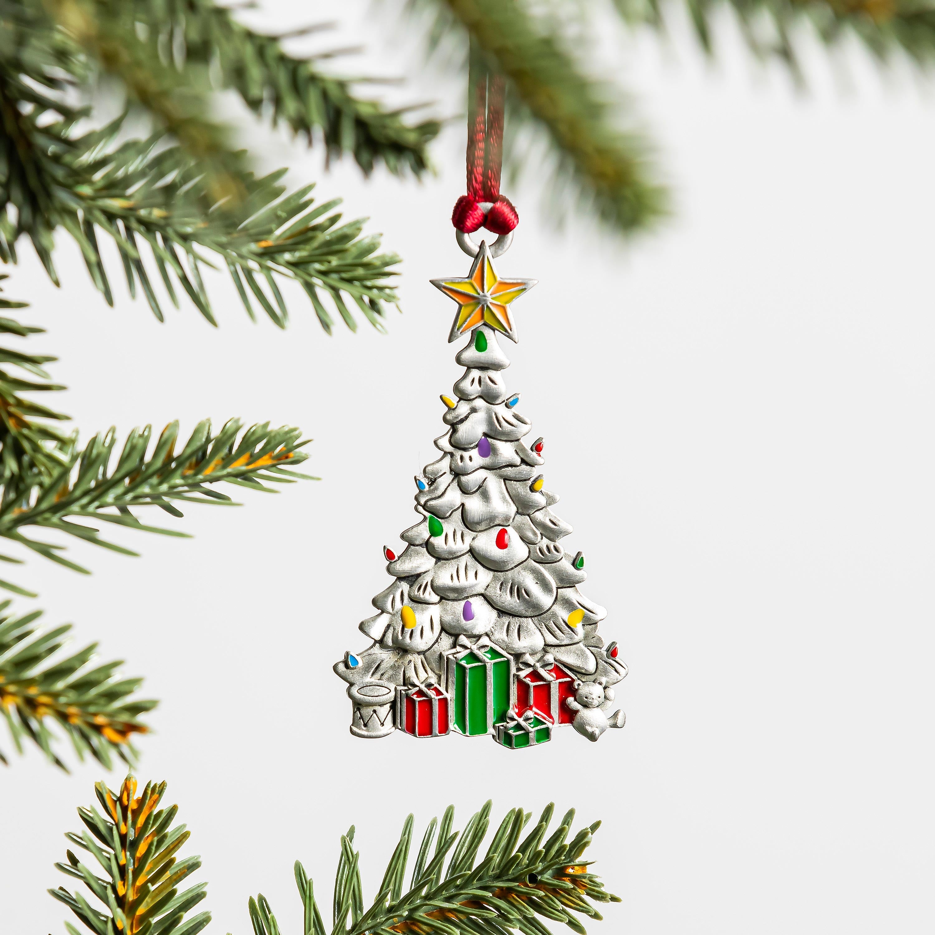 Solid Pewter Christmas Tree Ornament | Presents Underneath