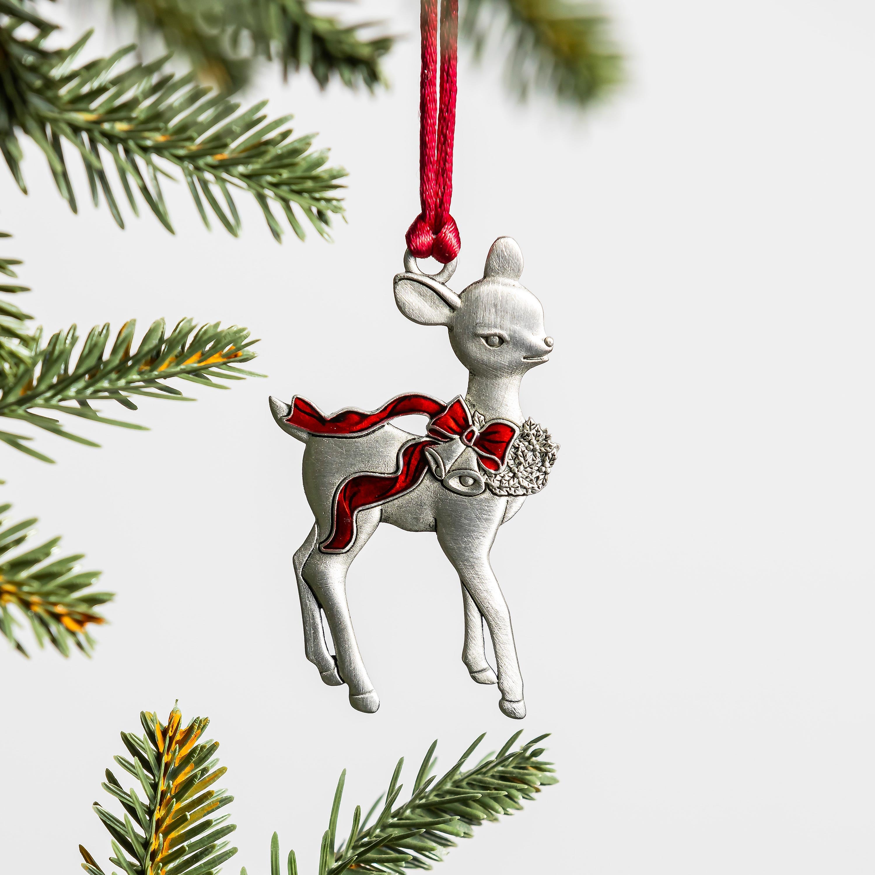 Solid Pewter Deer with Bow Ornament | Elegant Christmas Decor