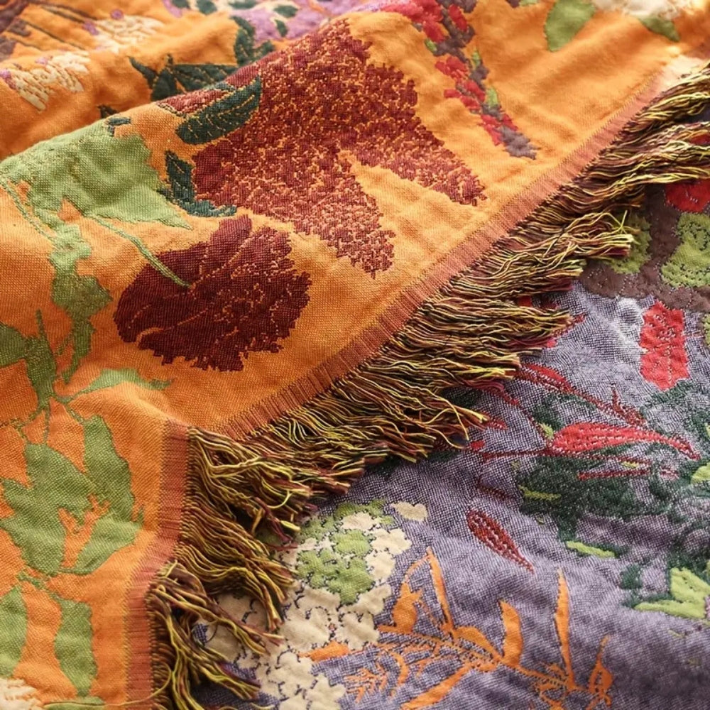 Botanic Floral Cotton Tassel Blanket | Elegant All-Season Comfort