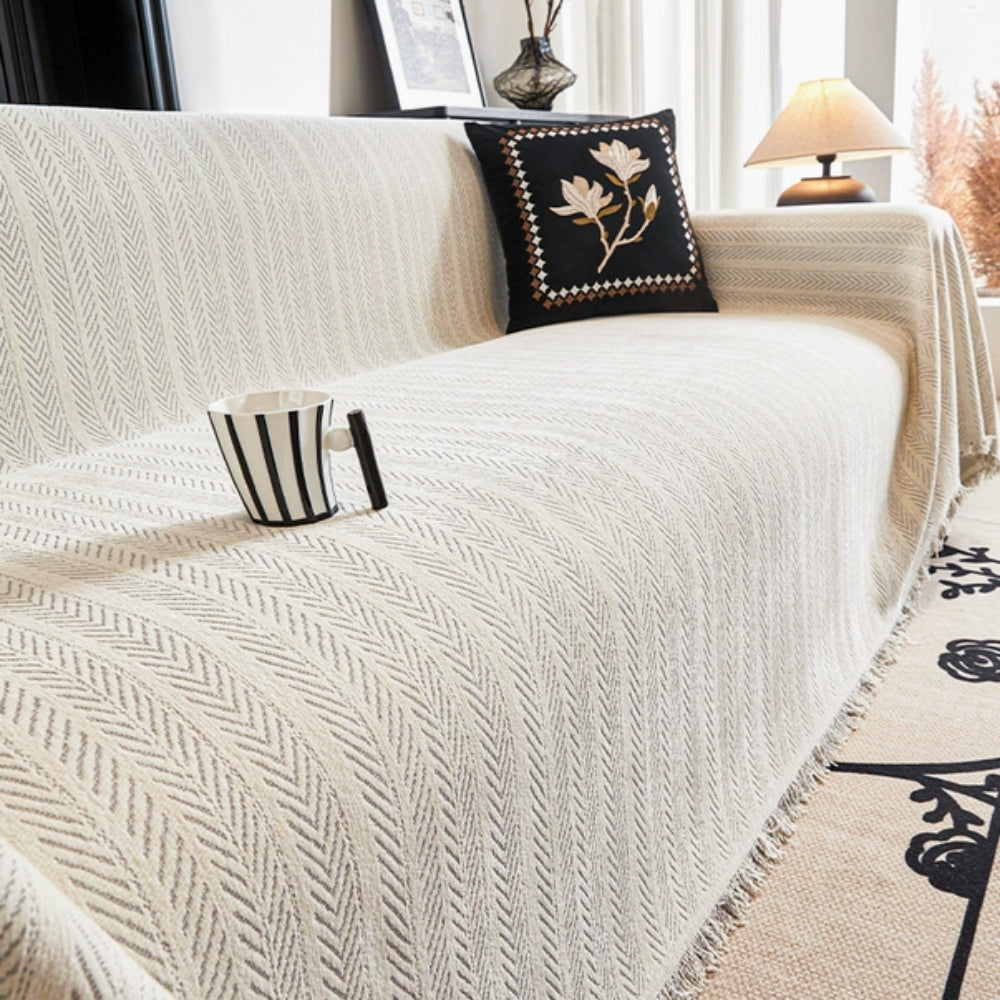 Herringbone Chenille Tassel Sofa Cover | Elegant Durable Protection