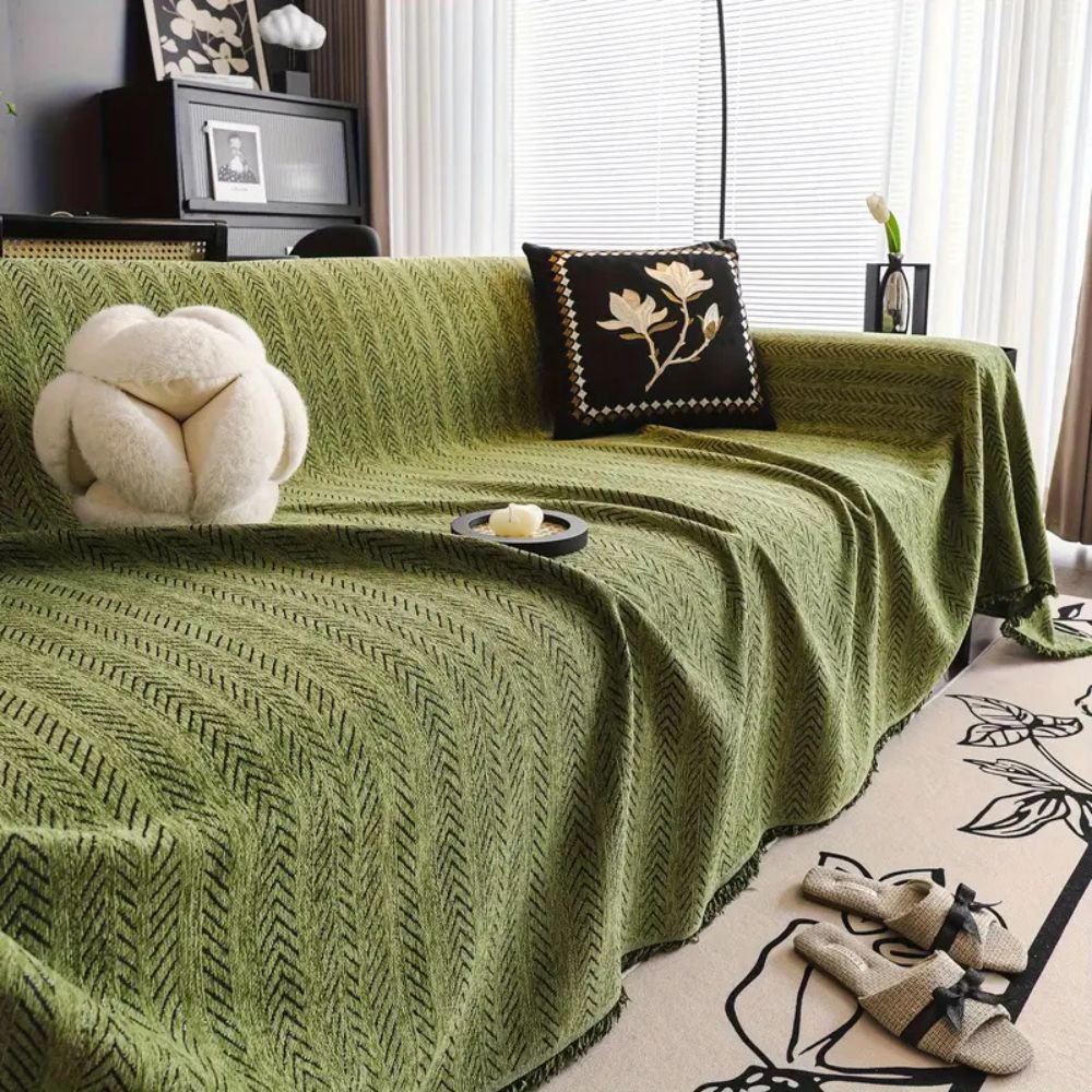 Herringbone Chenille Tassel Sofa Cover | Elegant Durable Protection