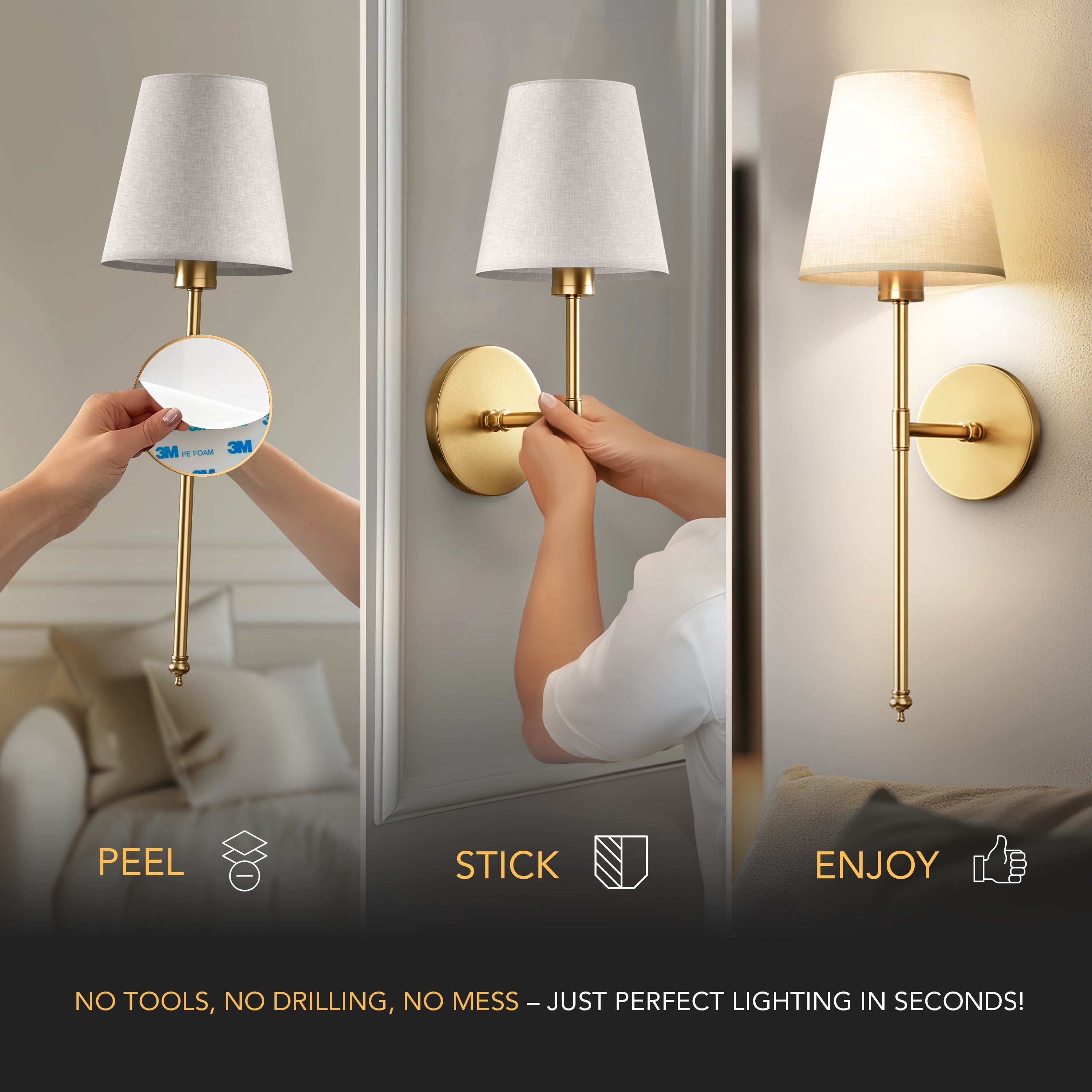 Wireless Gold Wall Sconce Set | Cordless Modern Wall Lamps (2 pcs)
