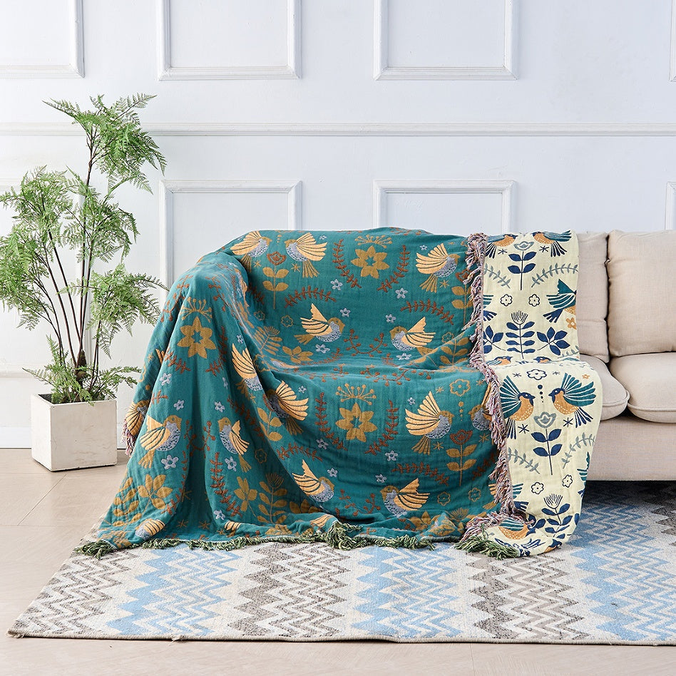 Reversible Scandinavian Bird Throw Blanket | Nordic Cotton Comfort