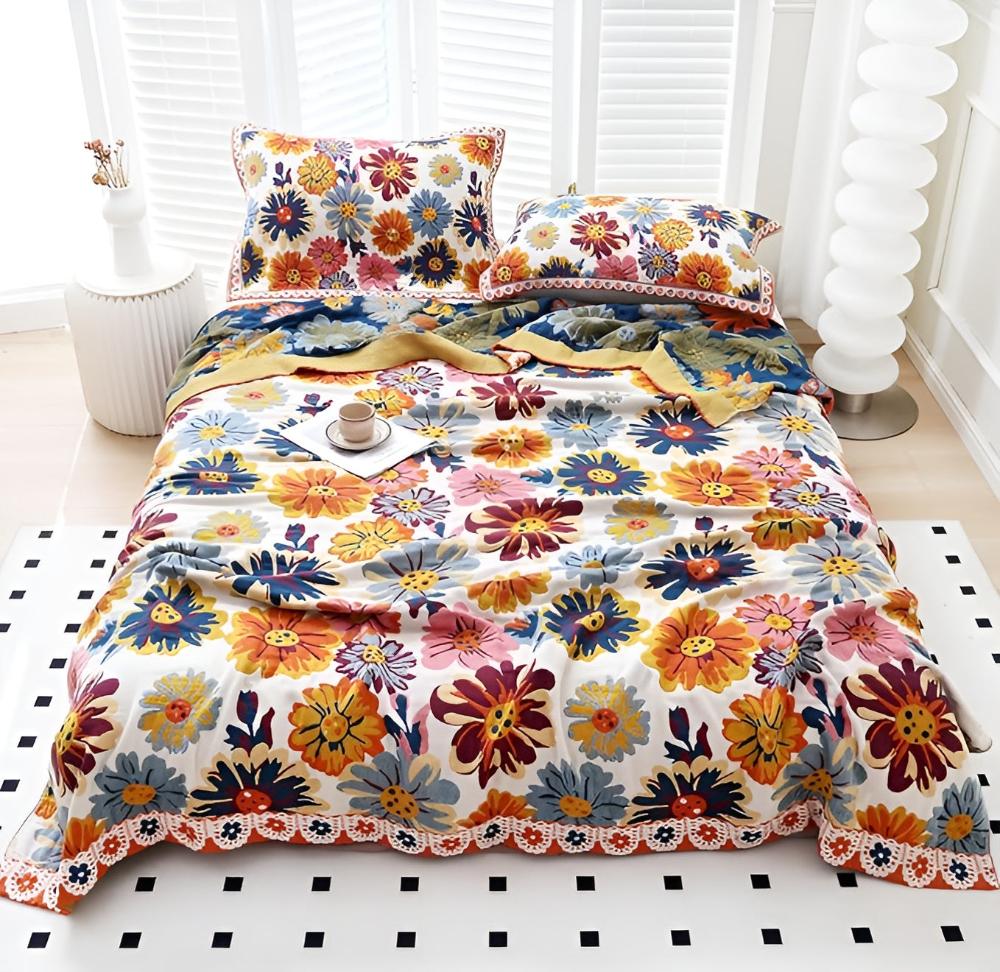 Bright Flower Cotton Blanket | Reversible Eco Comfort