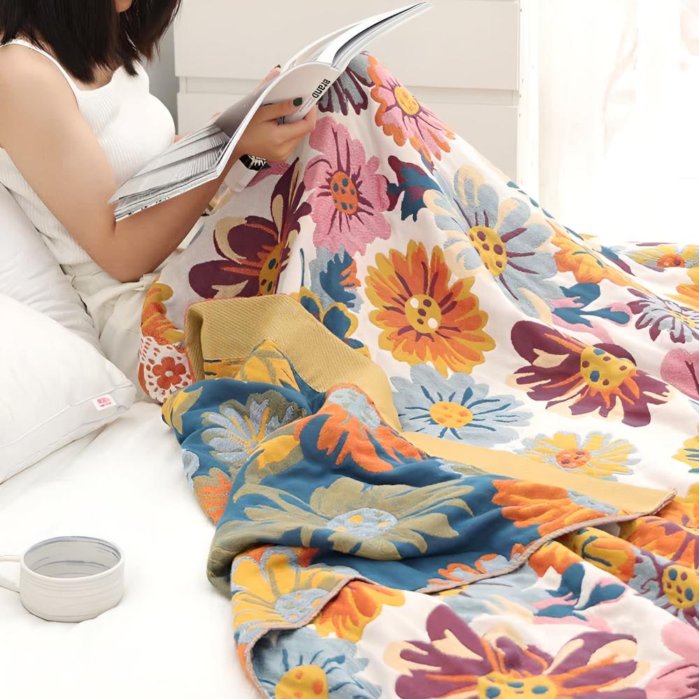 Bright Flower Cotton Blanket | Reversible Eco Comfort