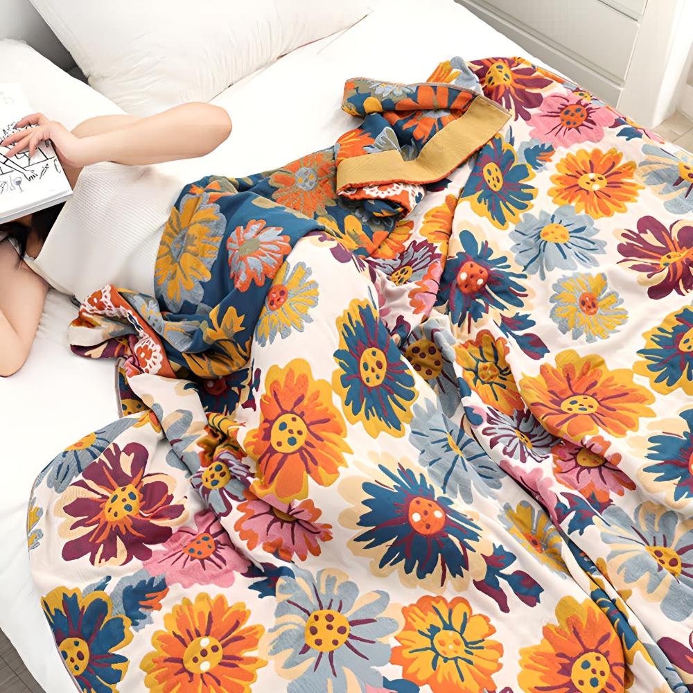 Bright Flower Cotton Blanket | Reversible Eco Comfort