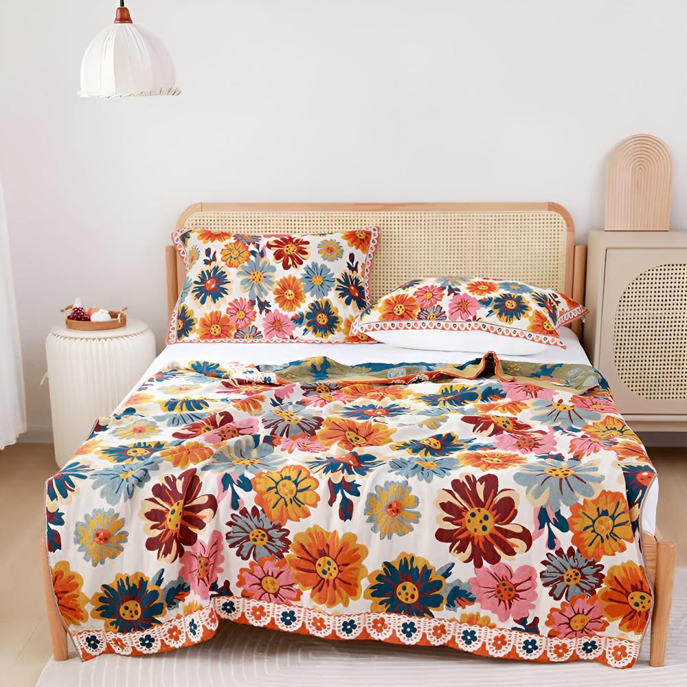 Bright Flower Cotton Blanket | Reversible Eco Comfort