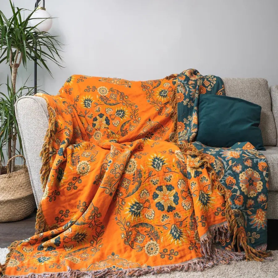 Marigold Reversible Throw Blanket | Vintage Floral Cotton