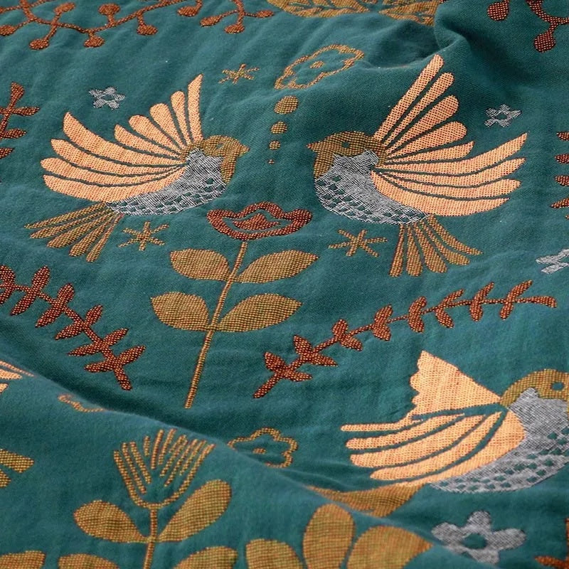 Reversible Scandinavian Bird Throw Blanket | Nordic Cotton Comfort