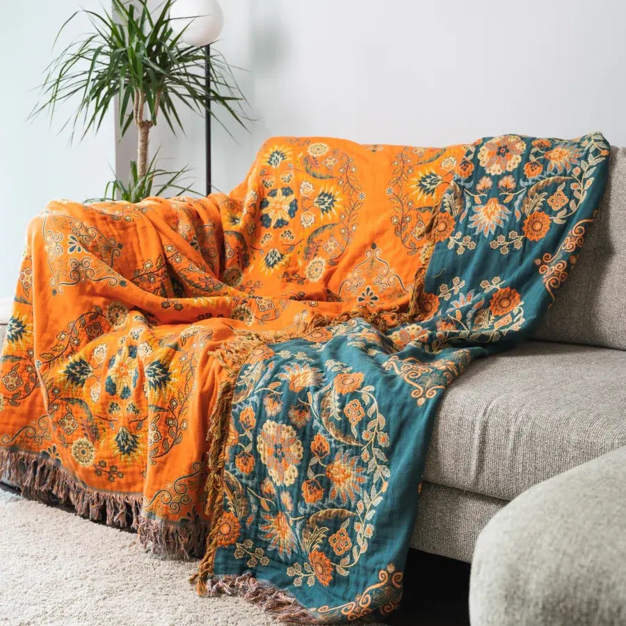 Marigold Reversible Throw Blanket | Vintage Floral Cotton