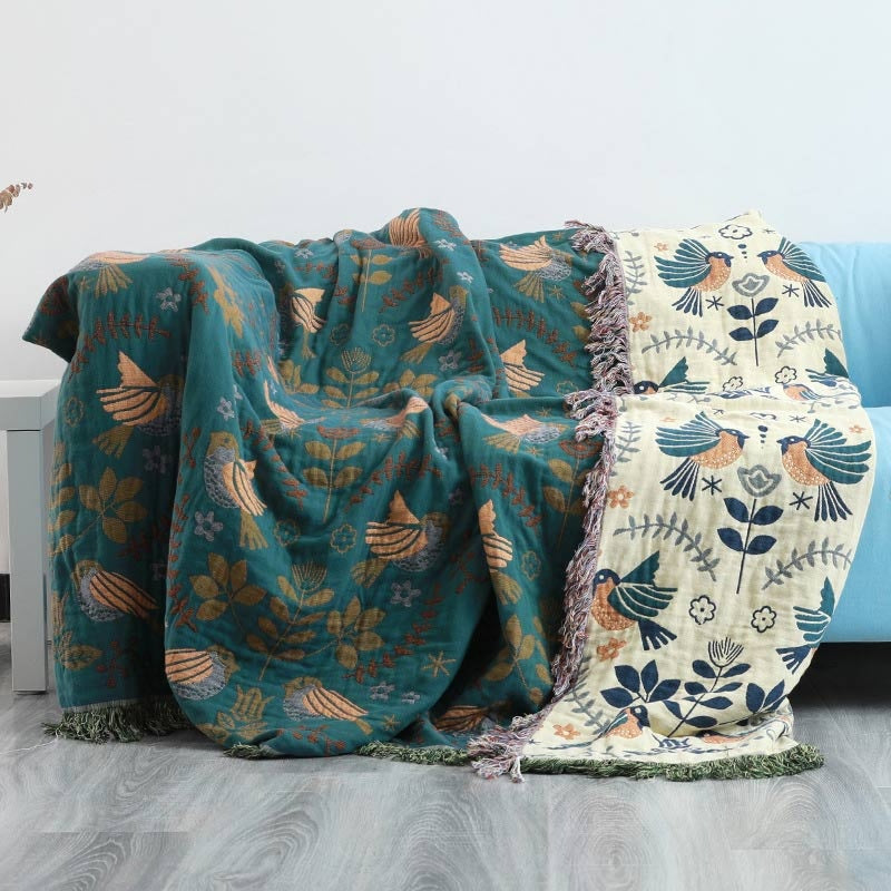 Reversible Scandinavian Bird Throw Blanket | Nordic Cotton Comfort