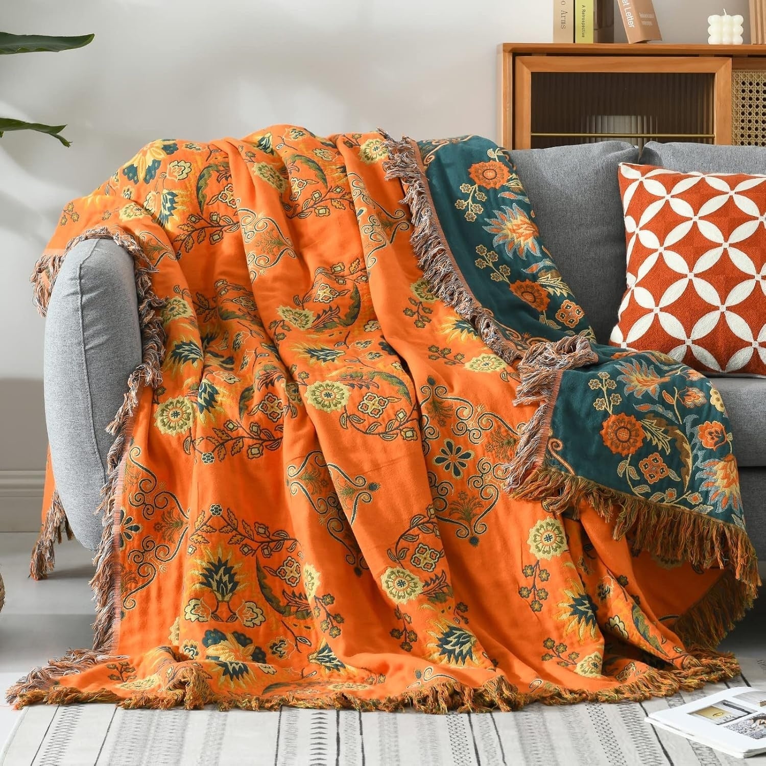 Marigold Reversible Throw Blanket | Vintage Floral Cotton