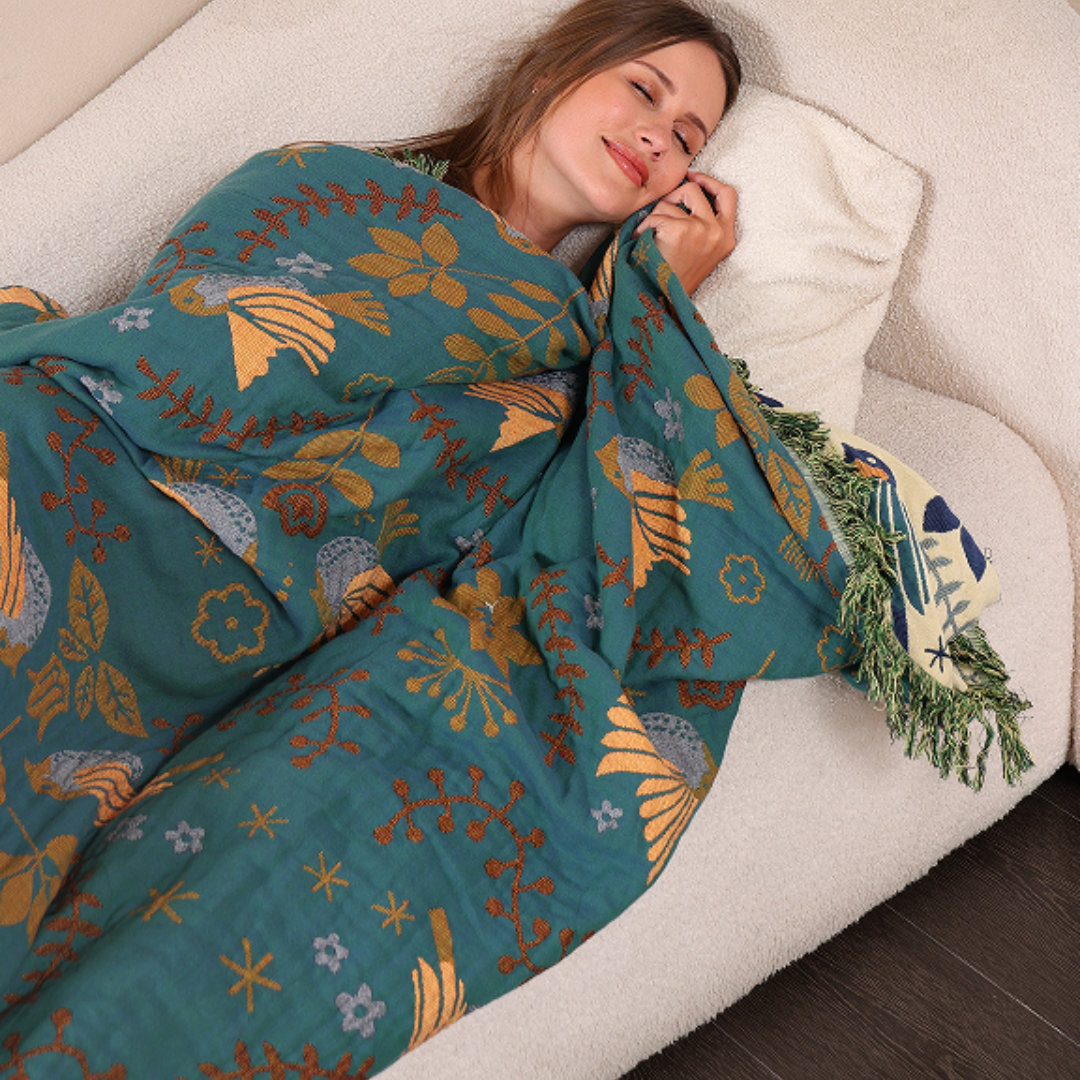 Reversible Scandinavian Bird Throw Blanket | Nordic Cotton Comfort